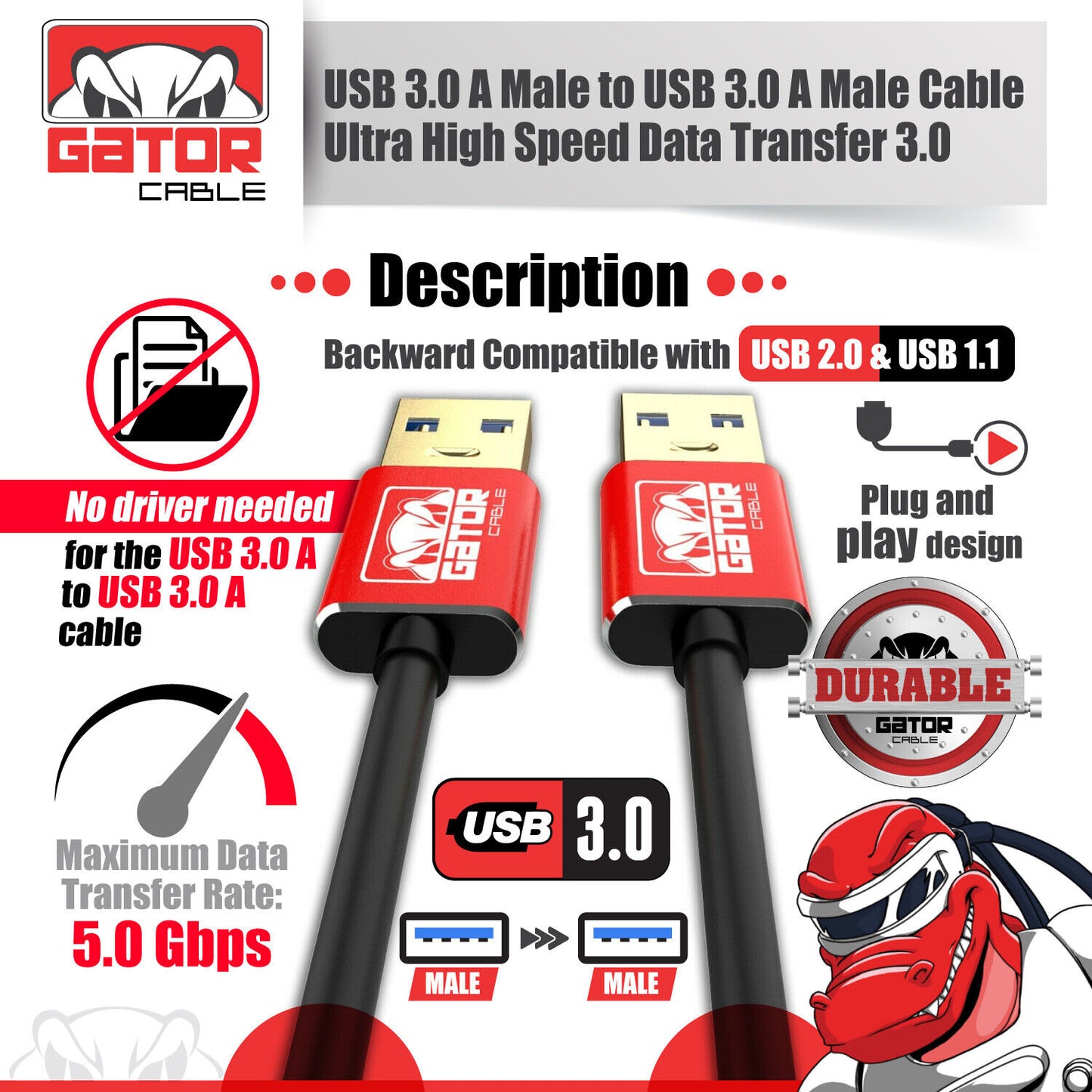 USB 3.0 A Male to A Male Cable Data Transfer Super Speed Power Charger Metal 6FT