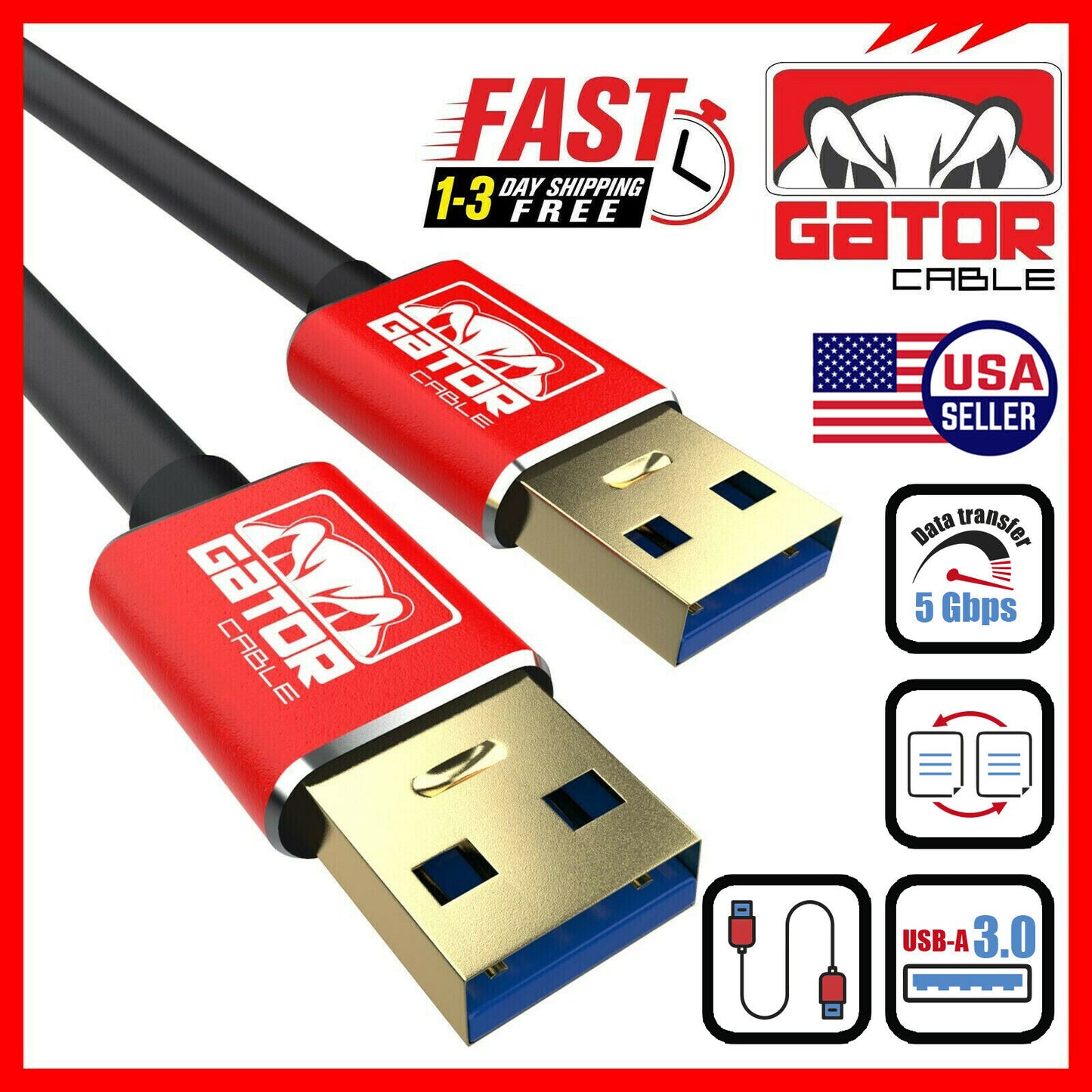 USB 3.0 A Male to A Male Cable Data Transfer Super Speed Power Charger Metal 6FT