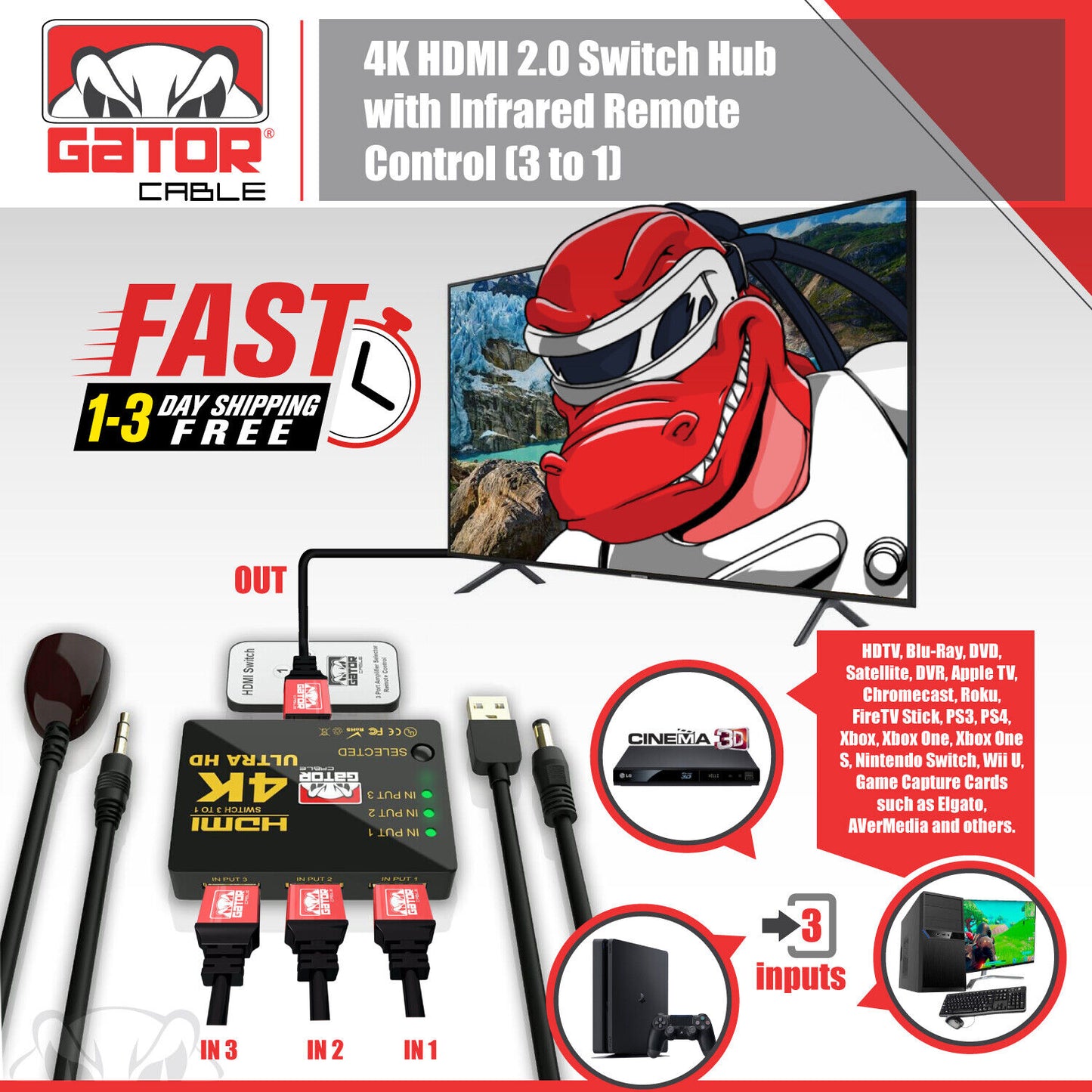 4K HDMI 2.0 Cable Splitter Switcher Box Hub IR Remote Control 3X1 Power 3 to 1