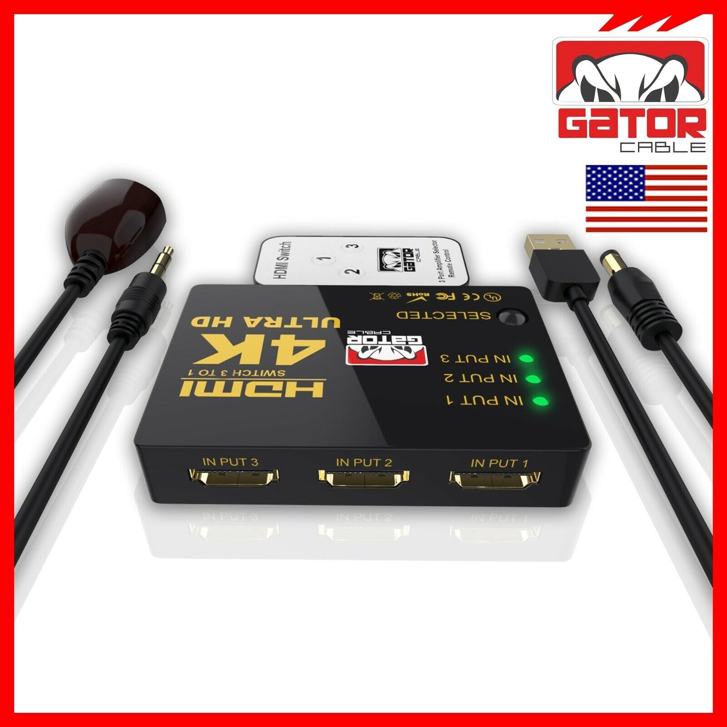 4K HDMI 2.0 Cable Splitter Switcher Box Hub IR Remote Control 3X1 Power 3 to 1