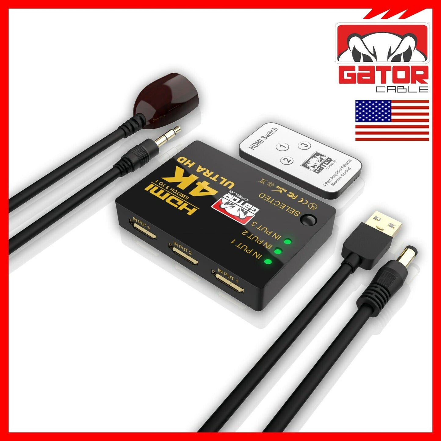 4K HDMI 2.0 Cable Splitter Switcher Box Hub IR Remote Control 3X1 Power 3 to 1