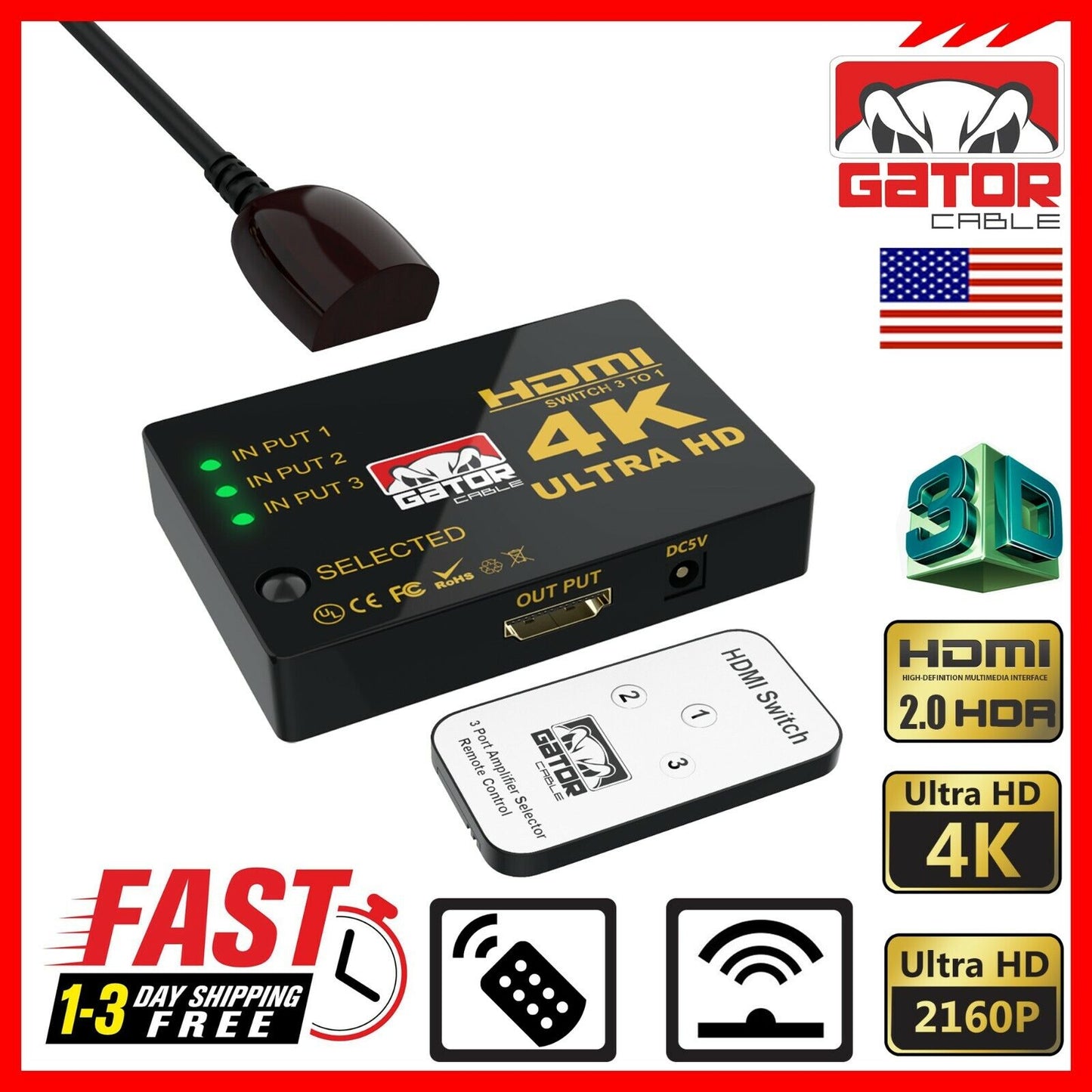 4K HDMI 2.0 Cable Splitter Switcher Box Hub IR Remote Control 3X1 Power 3 to 1