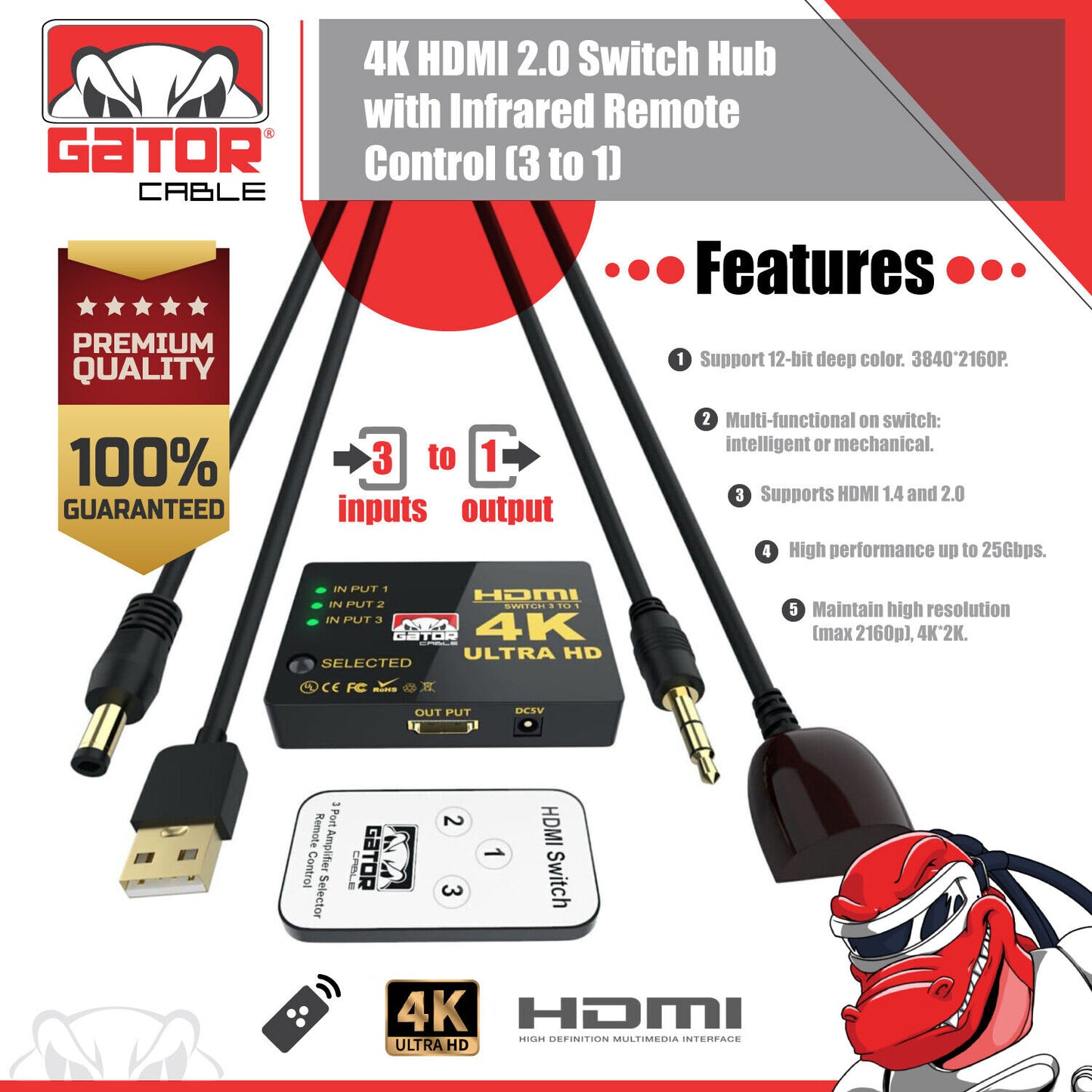 4K HDMI 2.0 Cable Splitter Switcher Box Hub IR Remote Control 3X1 Power 3 to 1