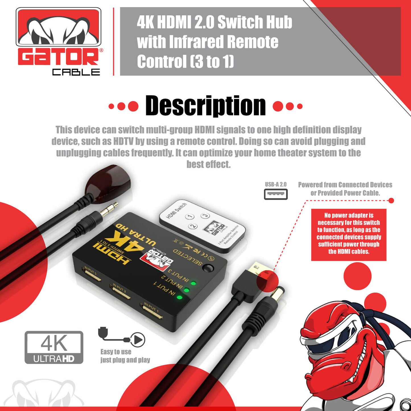 4K HDMI 2.0 Cable Splitter Switcher Box Hub IR Remote Control 3X1 Power 3 to 1