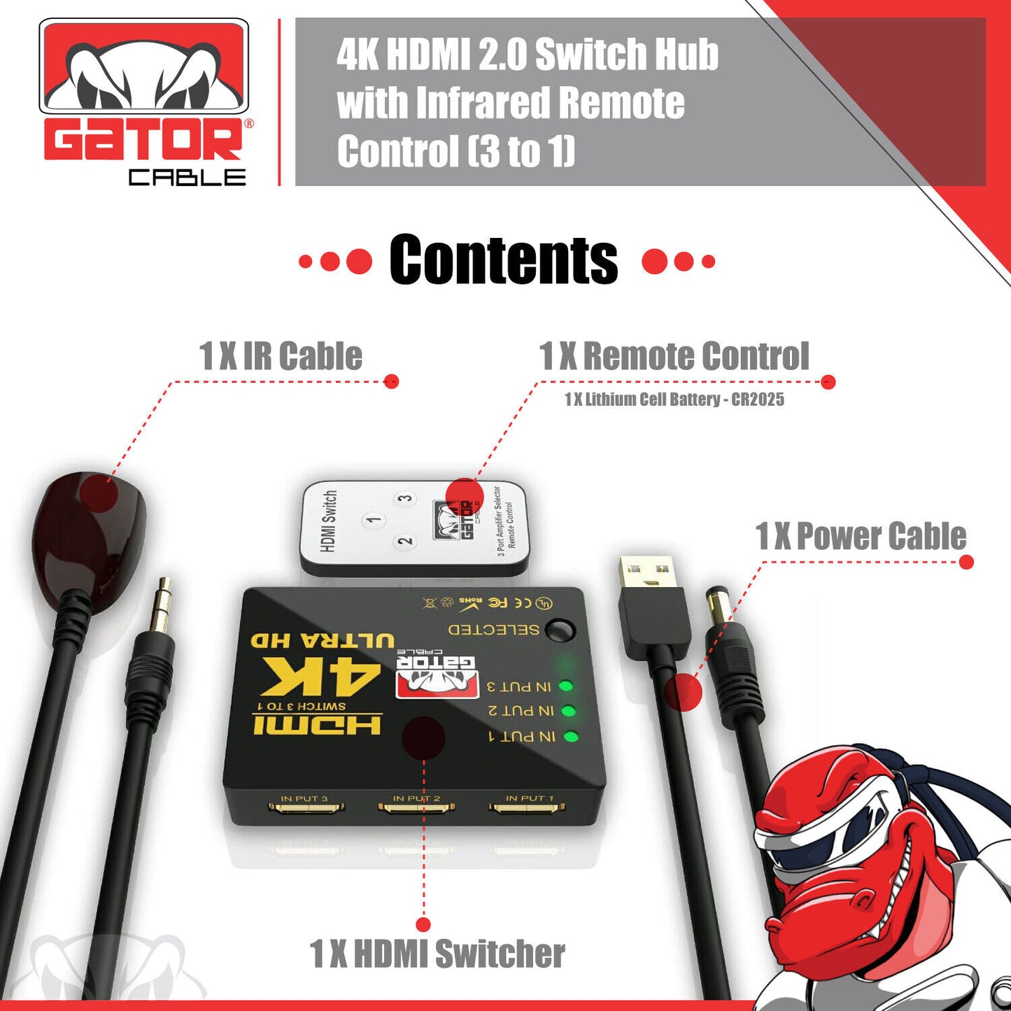 4K HDMI 2.0 Cable Splitter Switcher Box Hub IR Remote Control 3X1 Power 3 to 1