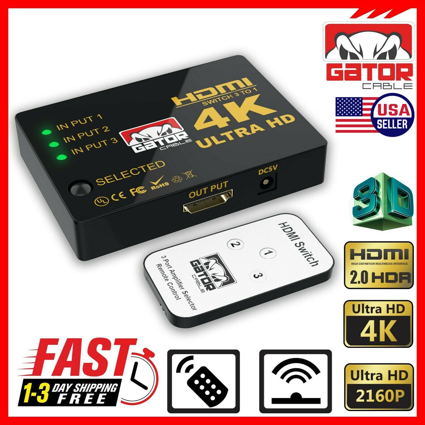 4K HDMI 2.0 Cable Splitter Switcher Box Hub IR Remote Control 3X1 Power 3 to 1