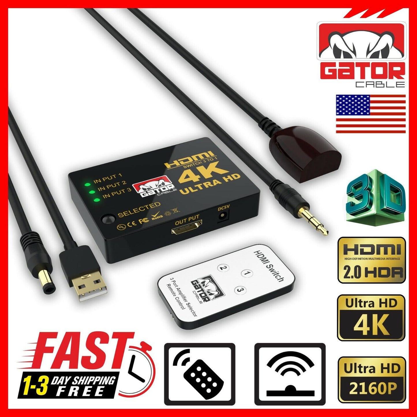 4K HDMI 2.0 Cable Splitter Switcher Box Hub IR Remote Control 3X1 Power 3 to 1