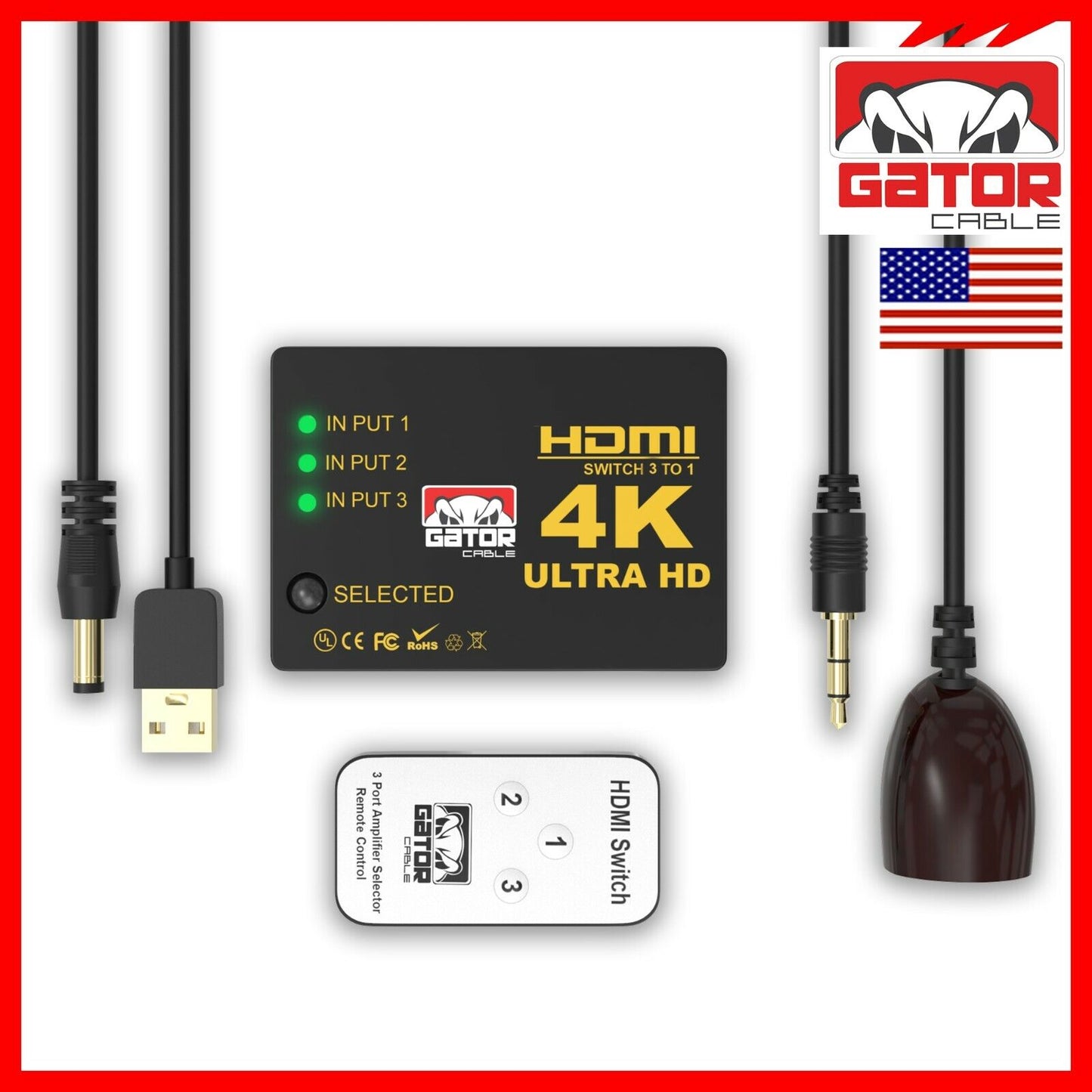 4K HDMI 2.0 Cable Splitter Switcher Box Hub IR Remote Control 3X1 Power 3 to 1