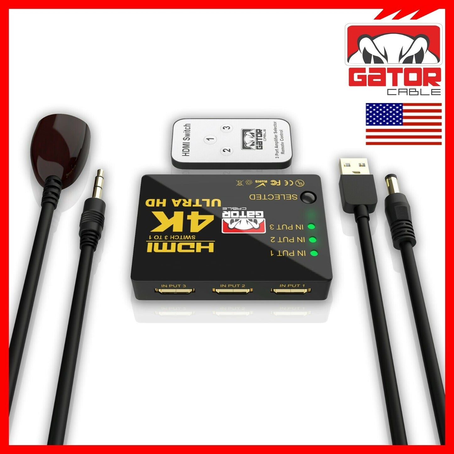 4K HDMI 2.0 Cable Splitter Switcher Box Hub IR Remote Control 3X1 Power 3 to 1