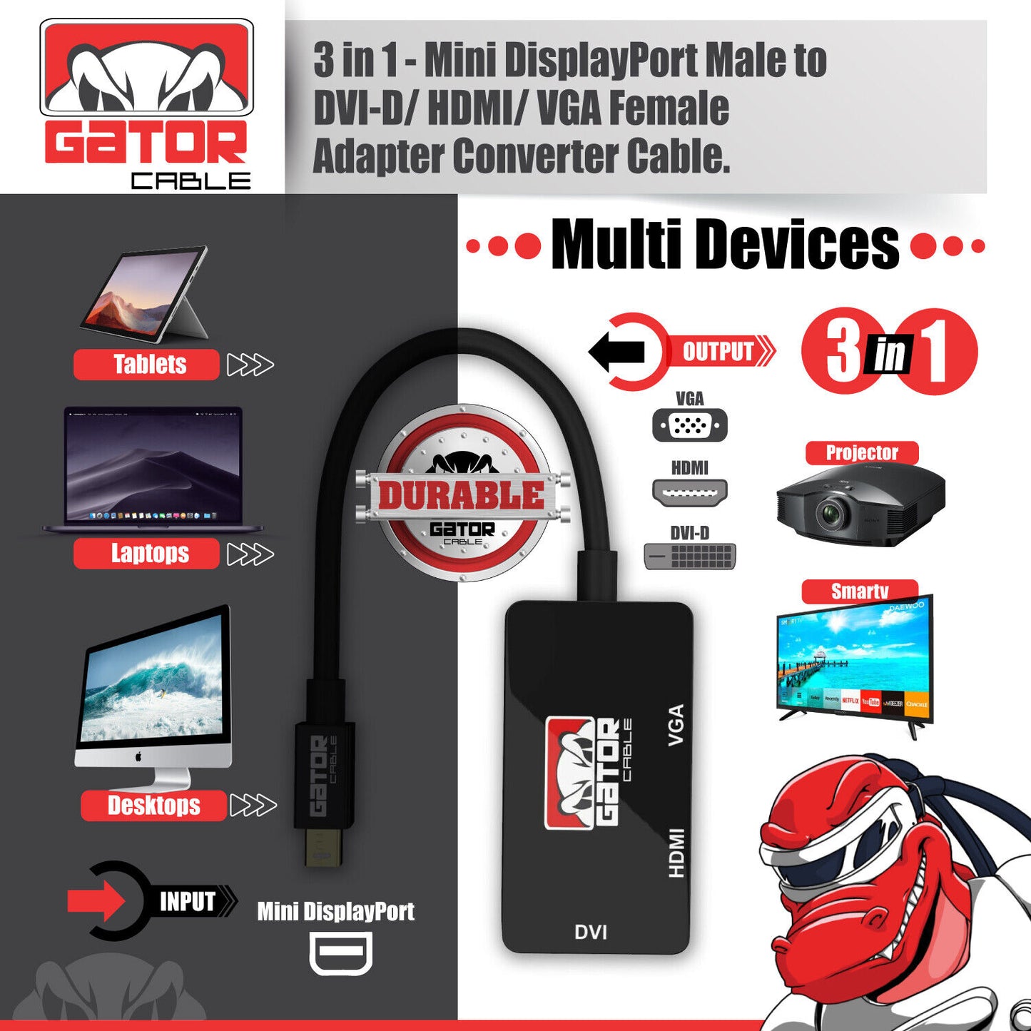 Mini DisplayPort Thunderbolt Male To DVI HDMI VGA Adapter Converter Cable 4 in 1