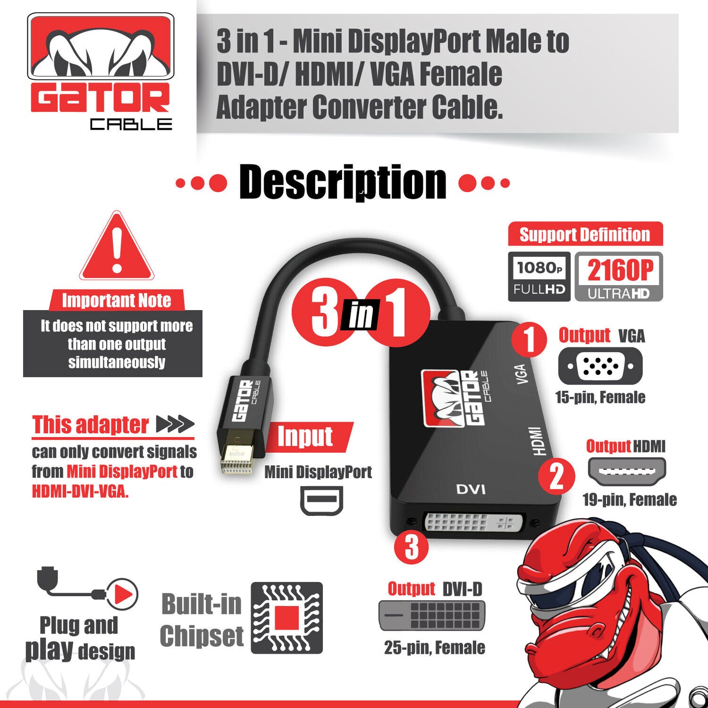 Mini DisplayPort Thunderbolt Male To DVI HDMI VGA Adapter Converter Cable 4 in 1