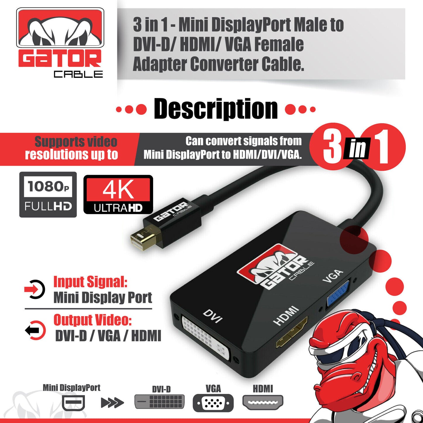 Mini DisplayPort Thunderbolt Male To DVI HDMI VGA Adapter Converter Cable 4 in 1