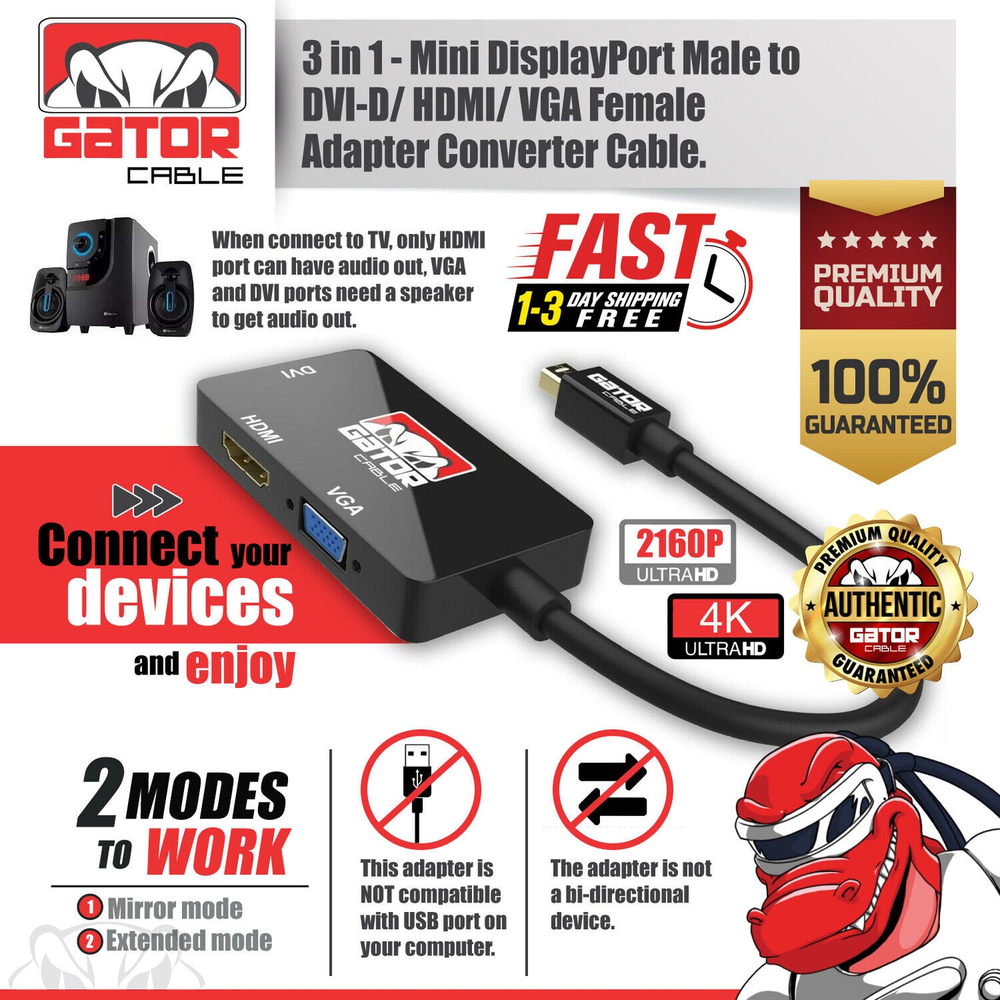 Mini DisplayPort Thunderbolt Male To DVI HDMI VGA Adapter Converter Cable 4 in 1