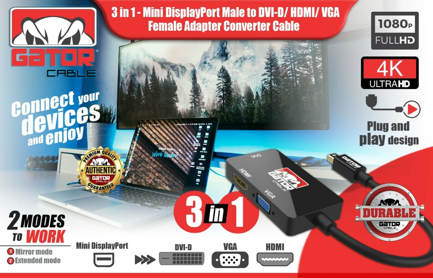 Mini DisplayPort Thunderbolt Male To DVI HDMI VGA Adapter Converter Cable 4 in 1