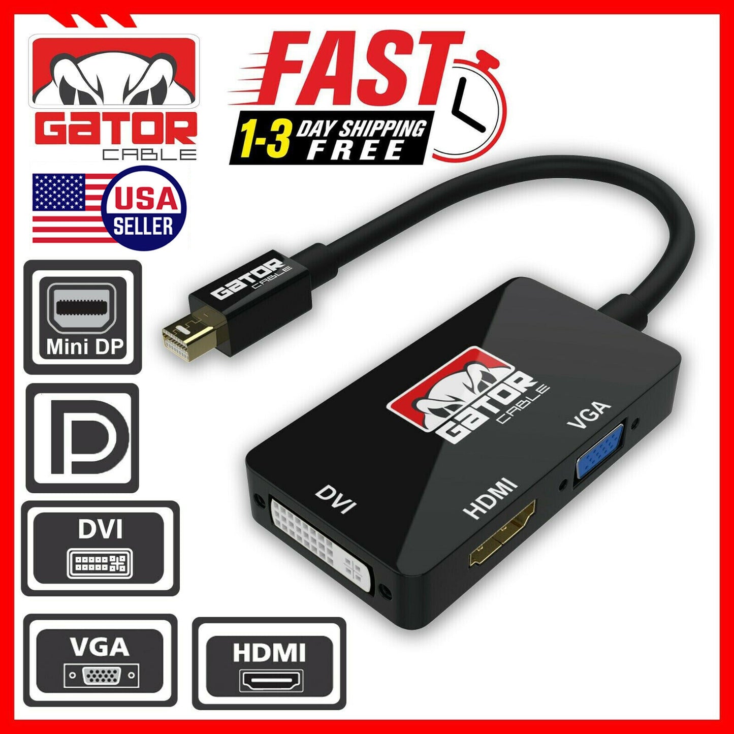 Mini DisplayPort Thunderbolt Male To DVI HDMI VGA Adapter Converter Cable 4 in 1