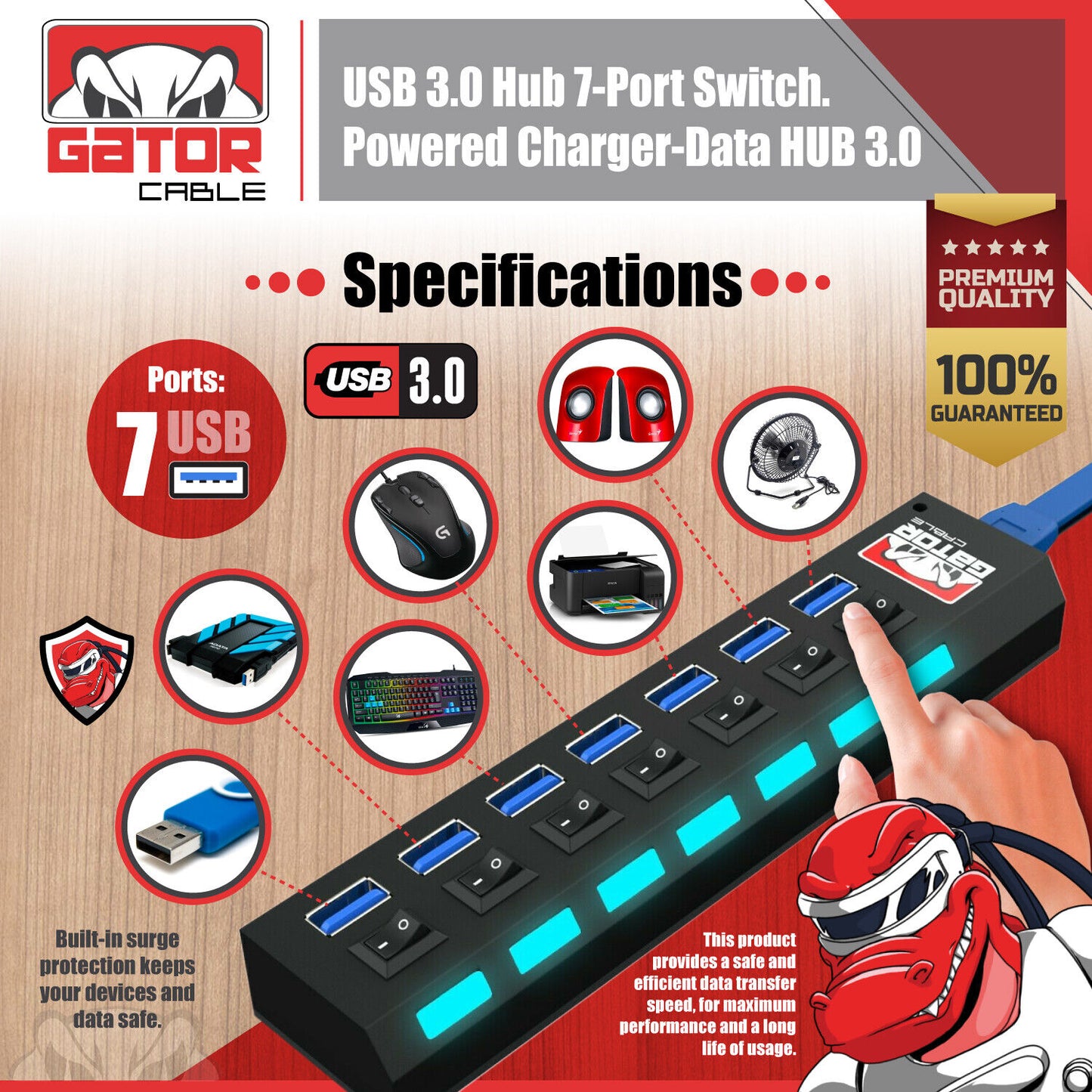 USB 3.0 Hub Charger Switch Splitter Powered AC Adapter 7 Port PC Laptop Desktop