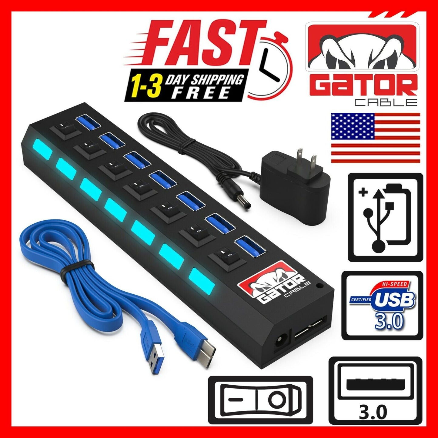 USB 3.0 Hub Charger Switch Splitter Powered AC Adapter 7 Port PC Laptop Desktop