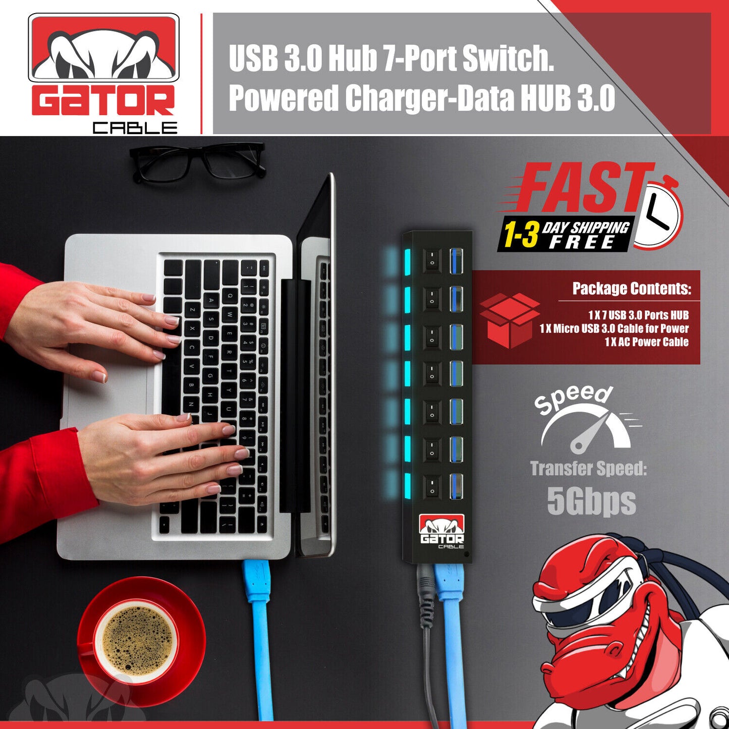 USB 3.0 Hub Charger Switch Splitter Powered AC Adapter 7 Port PC Laptop Desktop