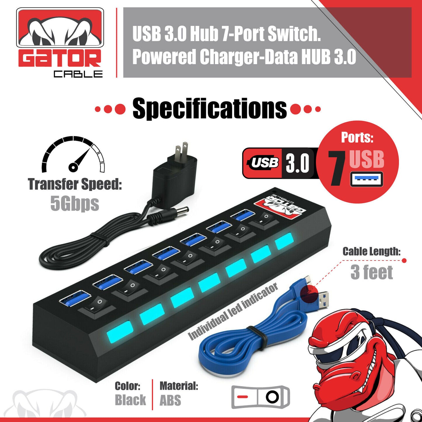 USB 3.0 Hub Charger Switch Splitter Powered AC Adapter 7 Port PC Laptop Desktop