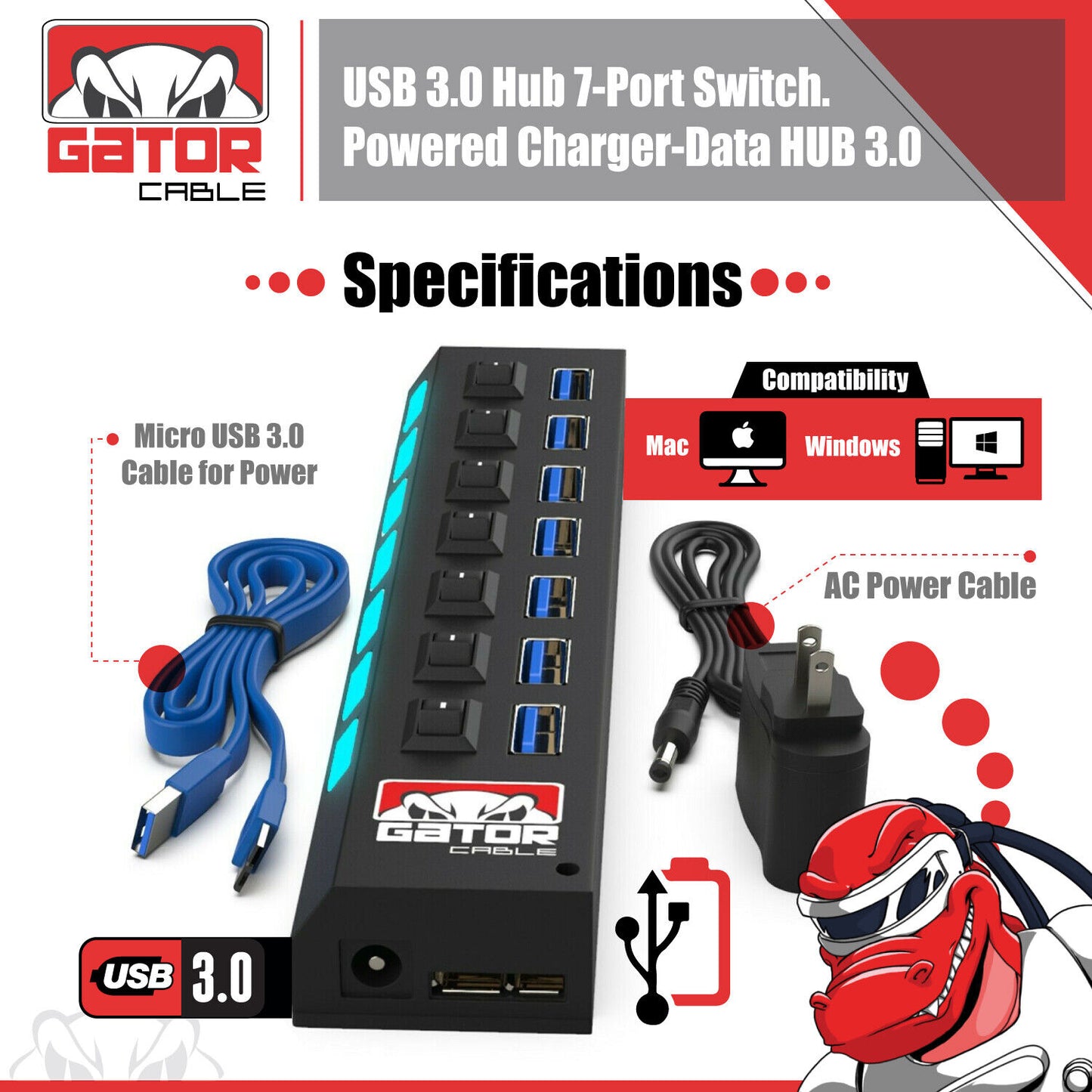 USB 3.0 Hub Charger Switch Splitter Powered AC Adapter 7 Port PC Laptop Desktop