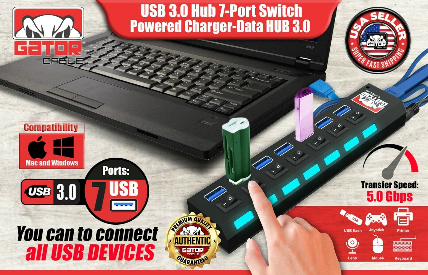 USB 3.0 Hub Charger Switch Splitter Powered AC Adapter 7 Port PC Laptop Desktop