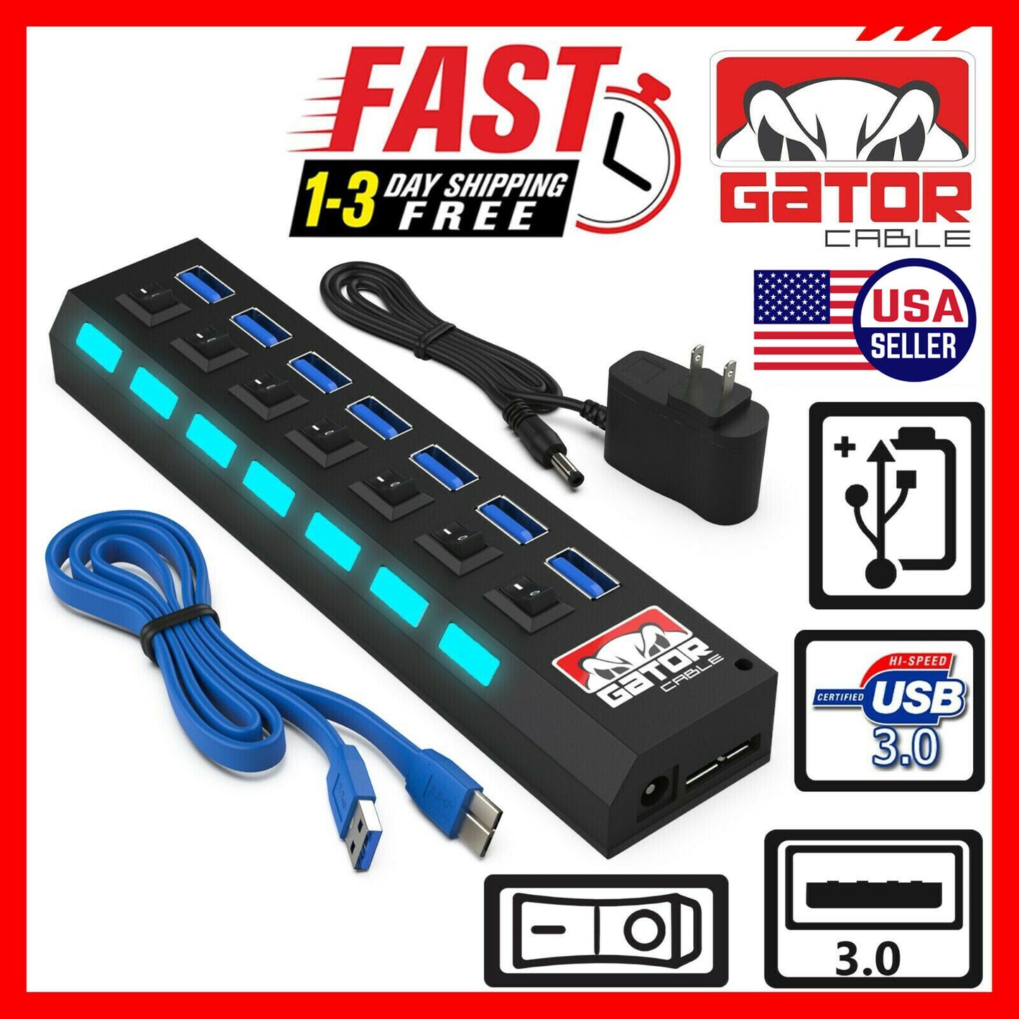 USB 3.0 Hub Charger Switch Splitter Powered AC Adapter 7 Port PC Laptop Desktop
