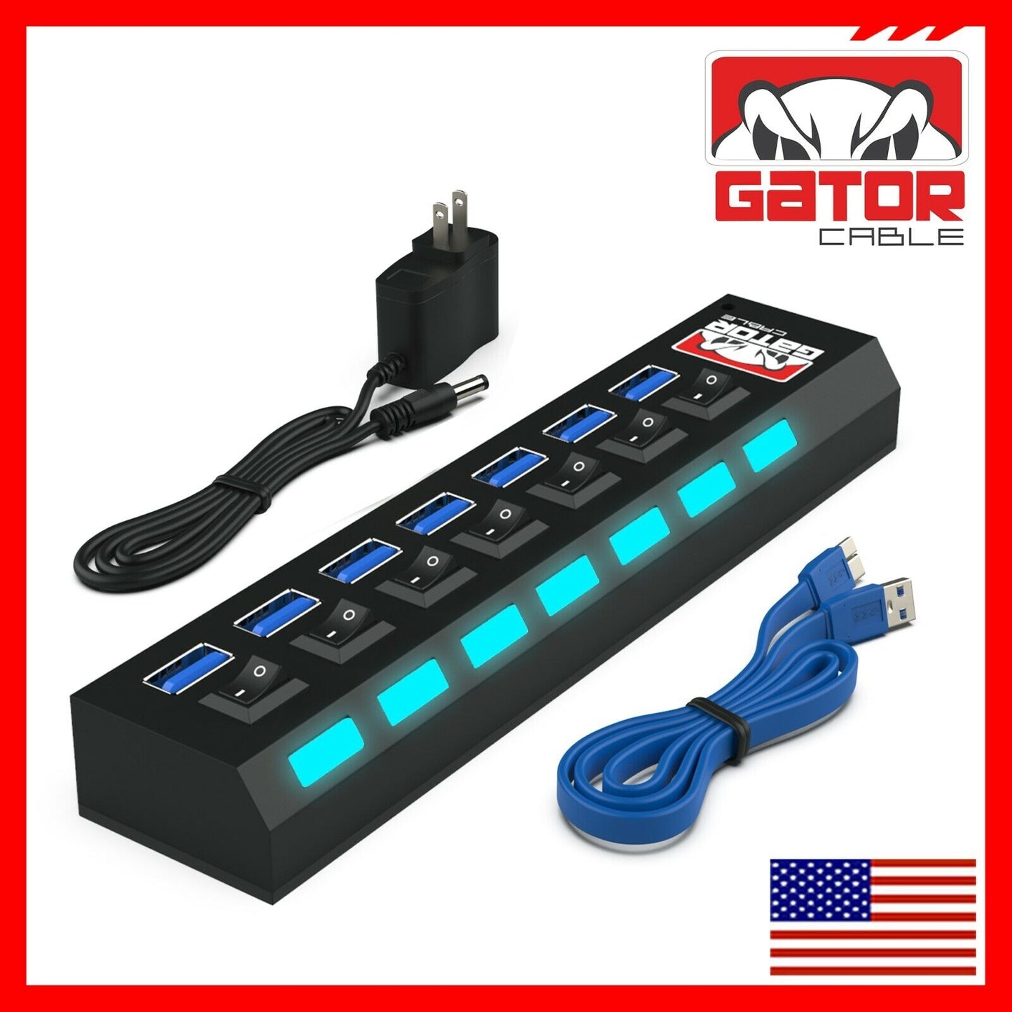 USB 3.0 Hub Charger Switch Splitter Powered AC Adapter 7 Port PC Laptop Desktop