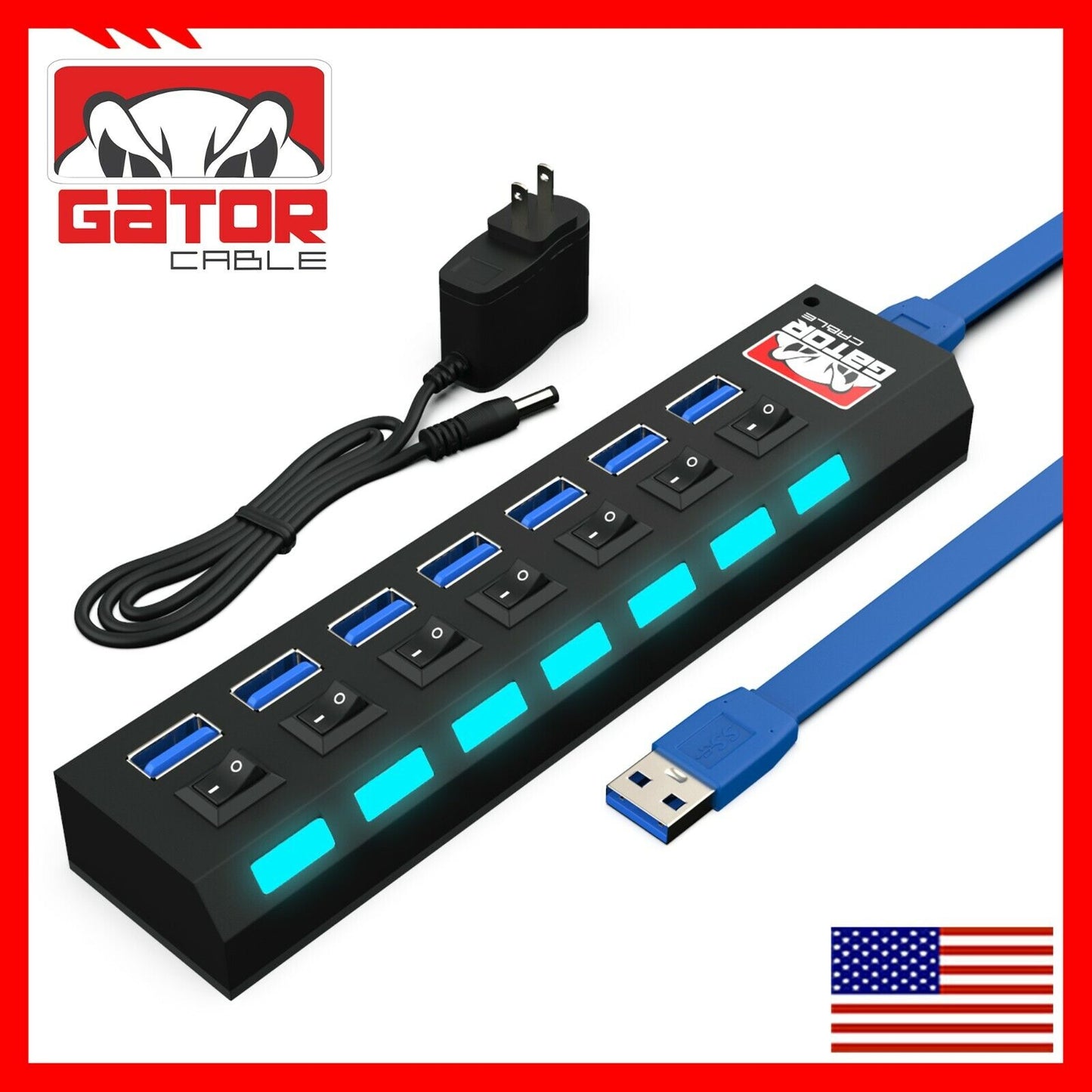 USB 3.0 Hub Charger Switch Splitter Powered AC Adapter 7 Port PC Laptop Desktop