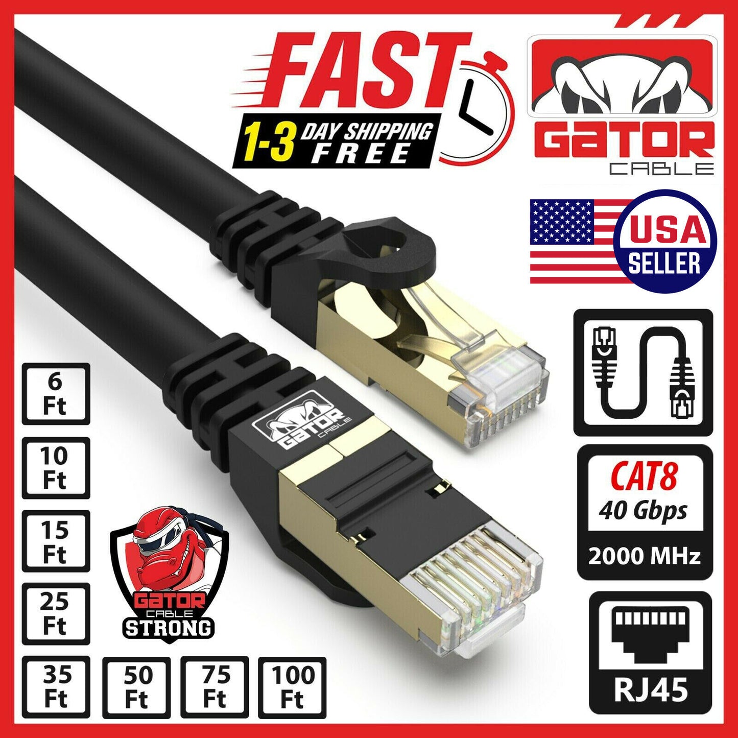 Cat 8 Ethernet RJ45 Cable Super Speed 40Gbps Patch LAN Network Gold Plated Lot