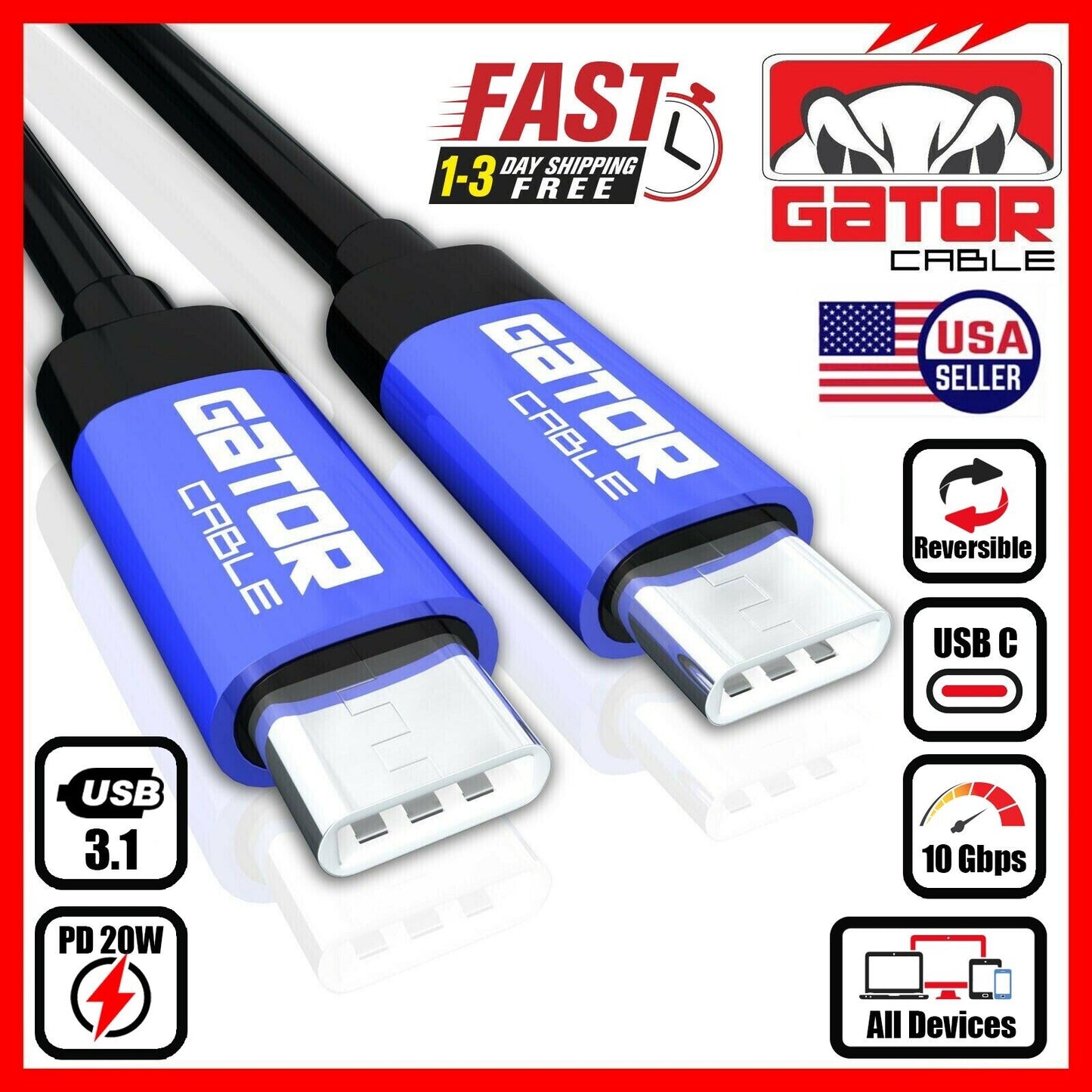 USB-C to USB-C 3.1 Charger Data Cable Type-C Male Fast Charge PD 20W 5A 10Gbps