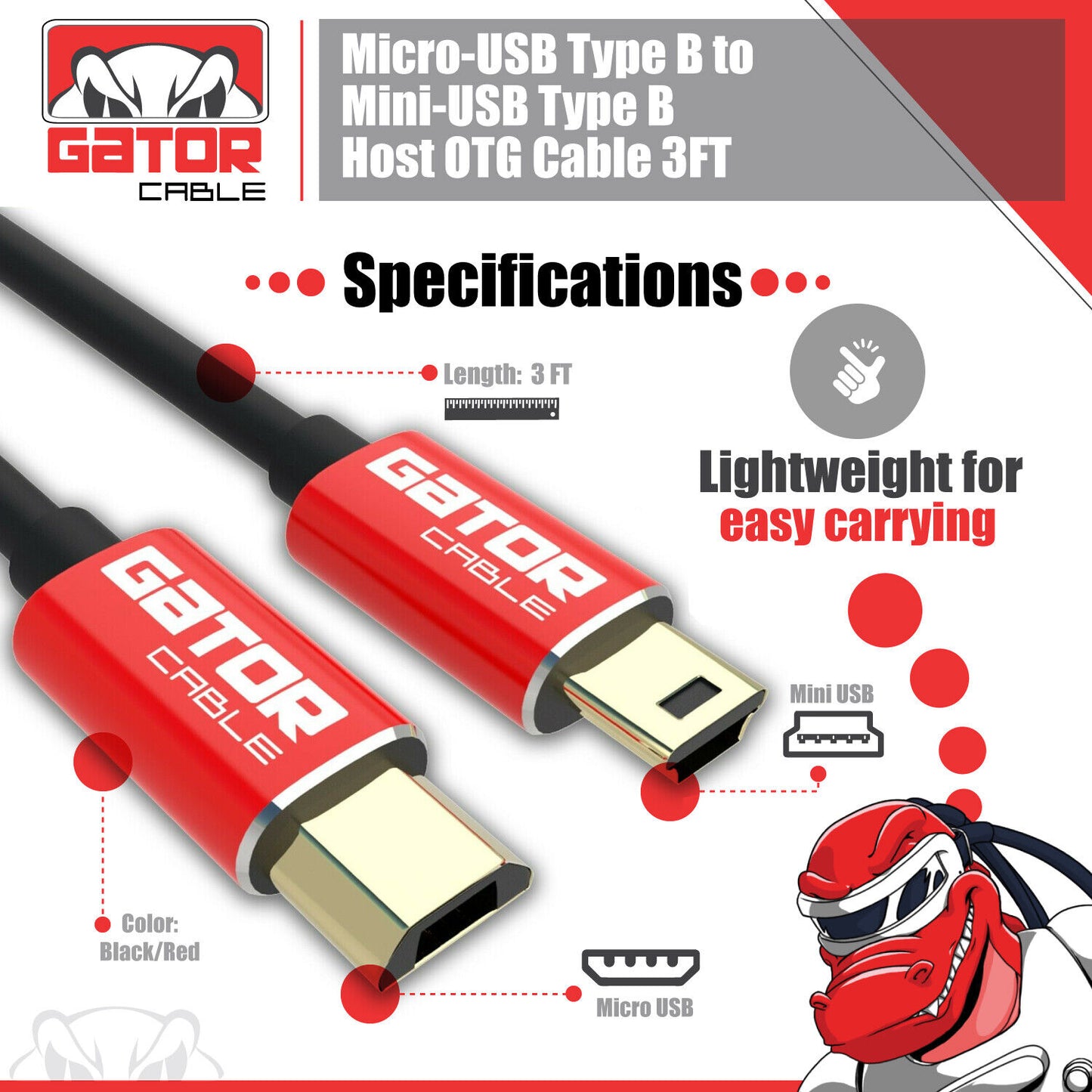 Micro USB to Mini USB Male Host OTG Adapter Converter Cable Charger Cord 3FT
