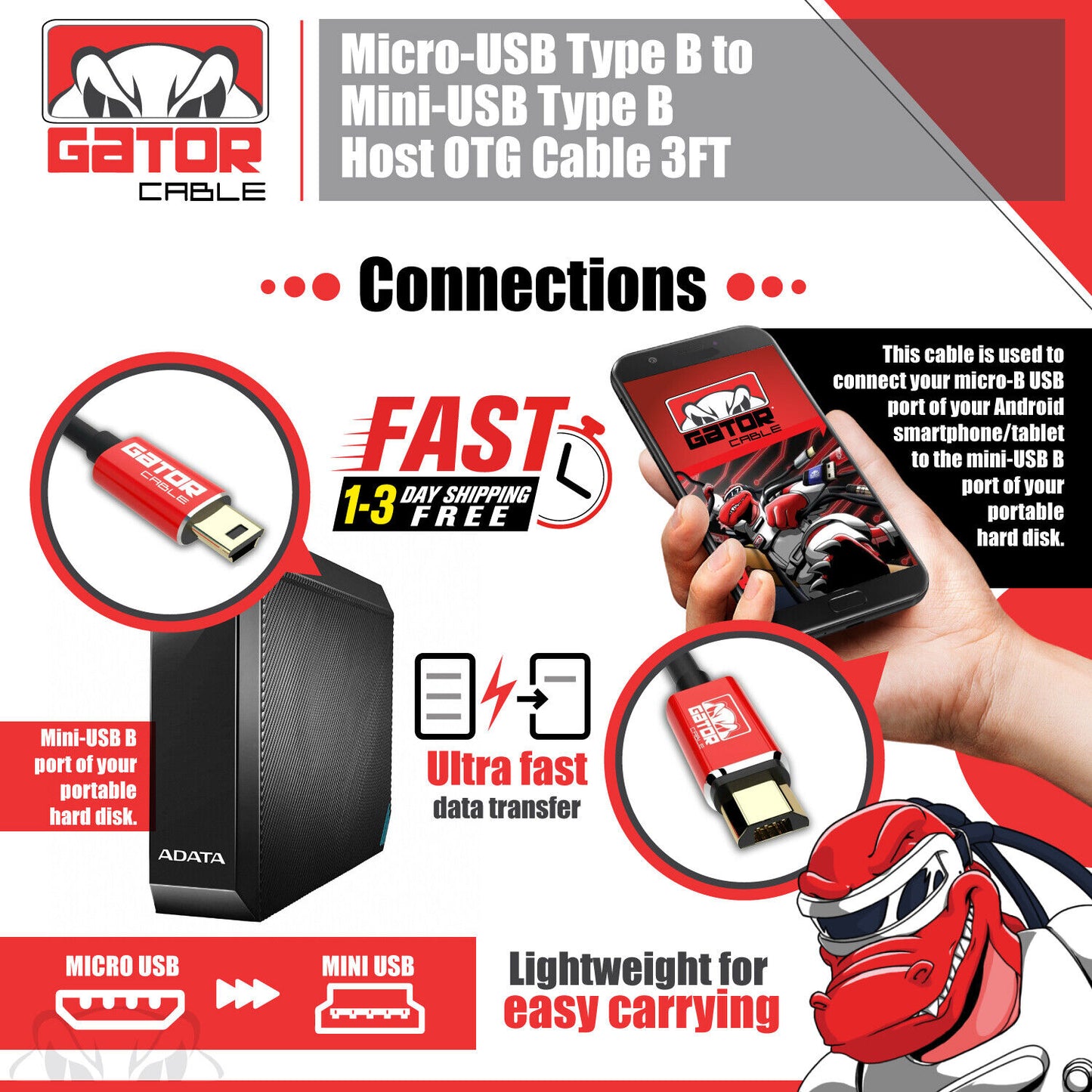 Micro USB to Mini USB Male Host OTG Adapter Converter Cable Charger Cord 3FT