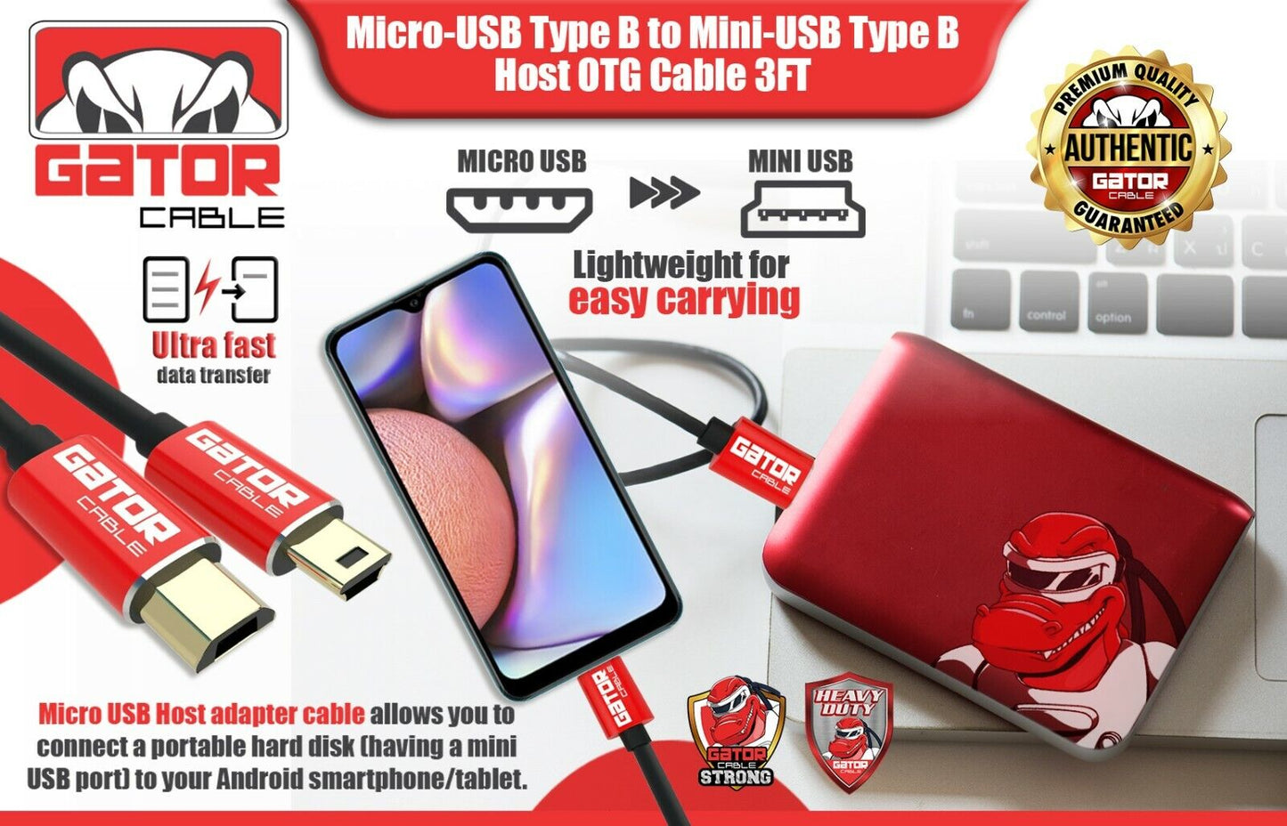 Micro USB to Mini USB Male Host OTG Adapter Converter Cable Charger Cord 3FT