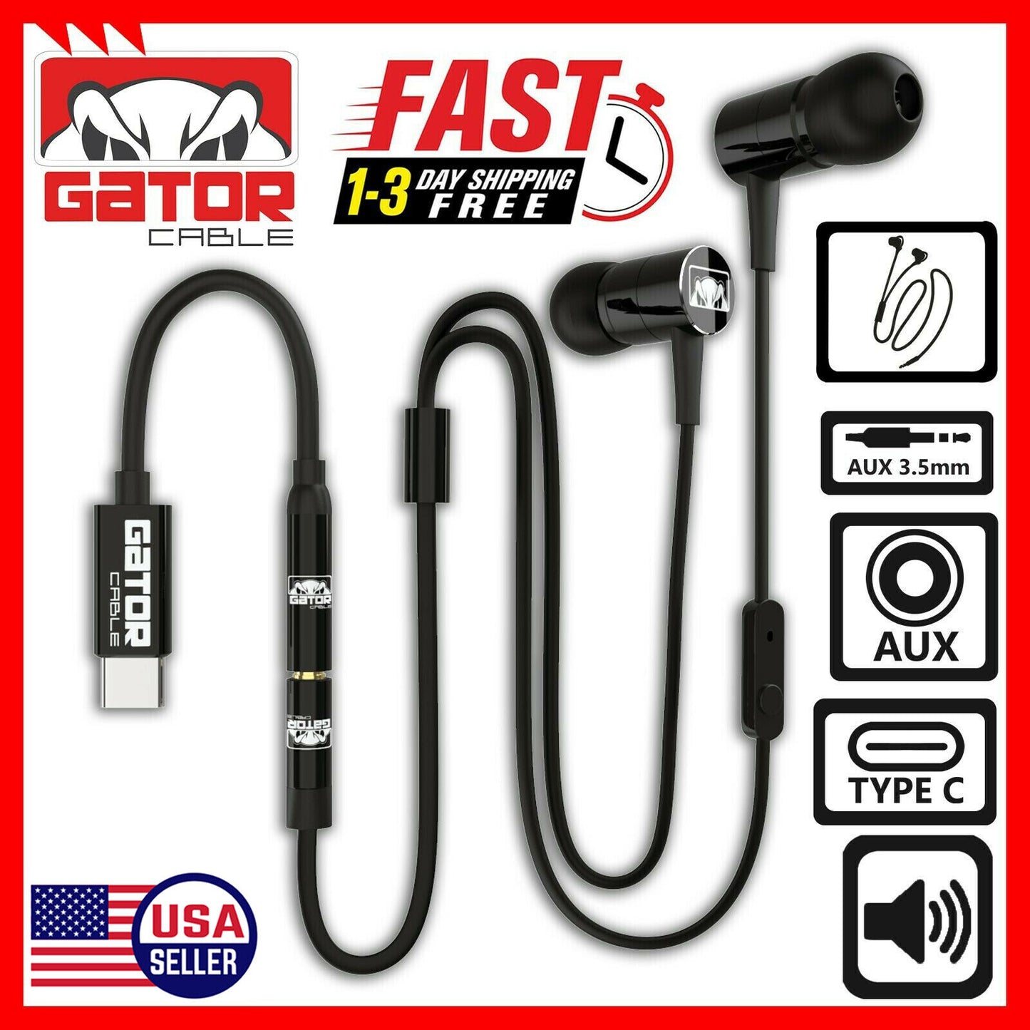 USB-C Type C Connector Earphones Headphones Earbuds Bass Stereo MIC Wired AUX BL
