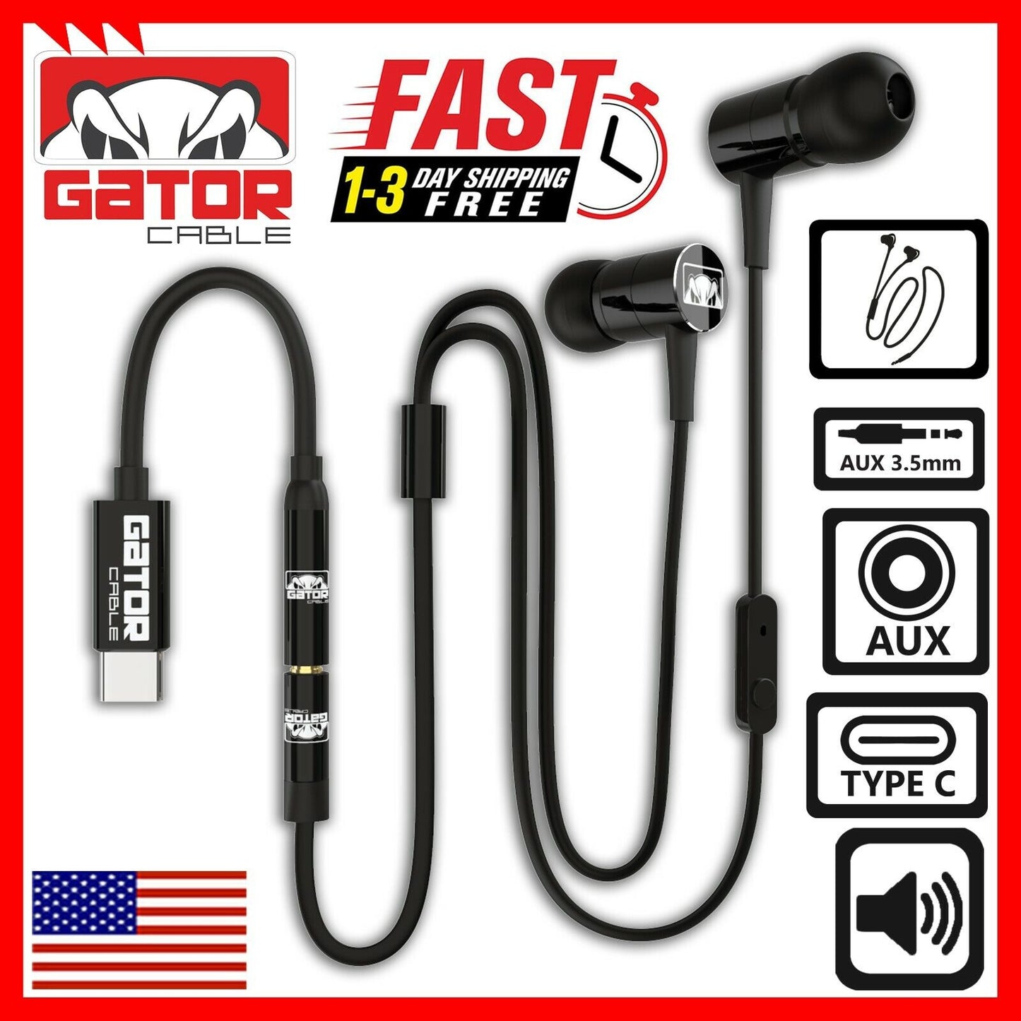 USB-C Type C Connector Earphones Headphones Earbuds Bass Stereo MIC Wired AUX BL
