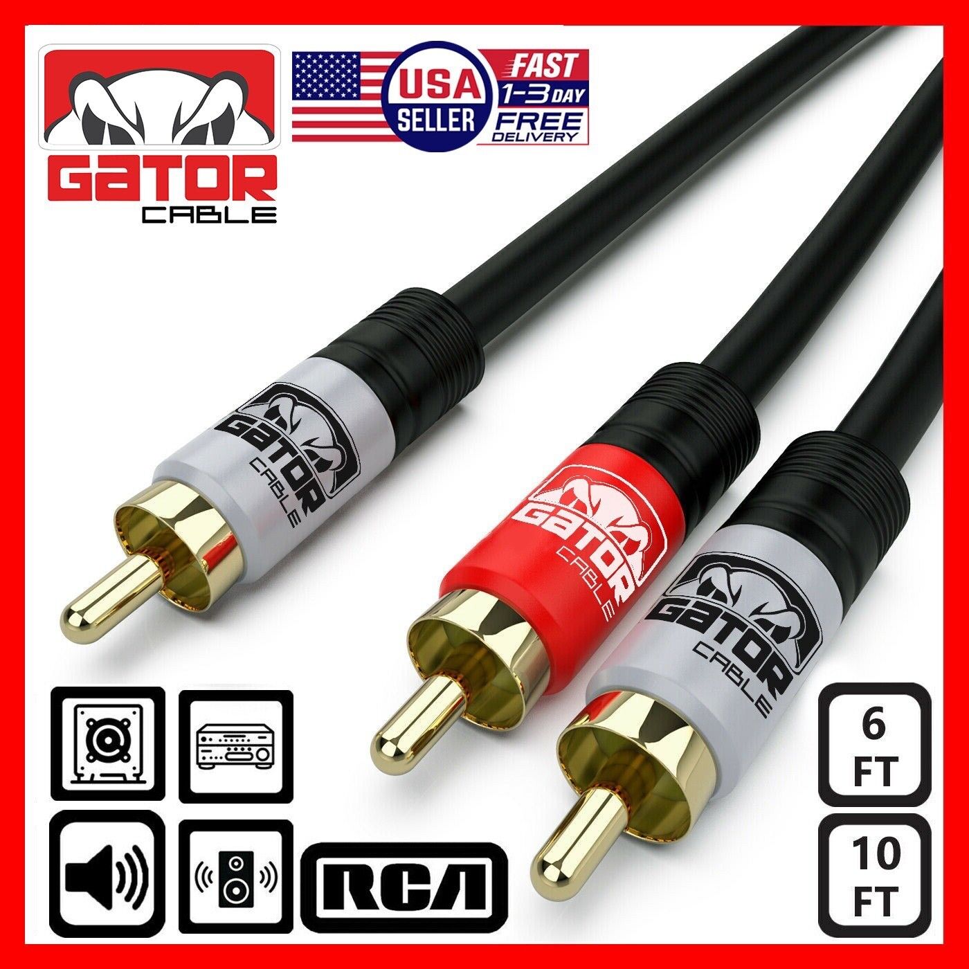 2 RCA to 1 RCA Male Subwoofer Audio Splitter Y Cable Stereo Bass Bi-Direction