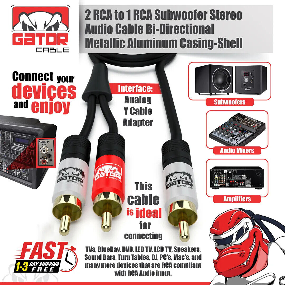 2 RCA to 1 RCA Male Subwoofer Audio Splitter Y Cable Stereo Bass Bi-Direction