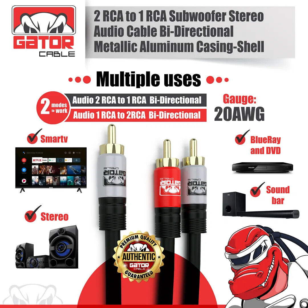 2 RCA to 1 RCA Male Subwoofer Audio Splitter Y Cable Stereo Bass Bi-Direction