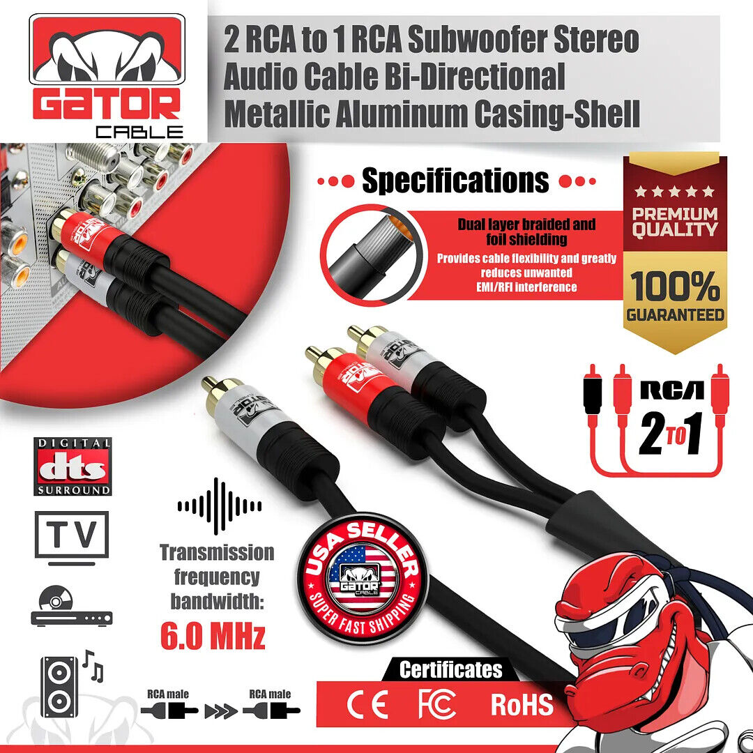 2 RCA to 1 RCA Male Subwoofer Audio Splitter Y Cable Stereo Bass Bi-Direction