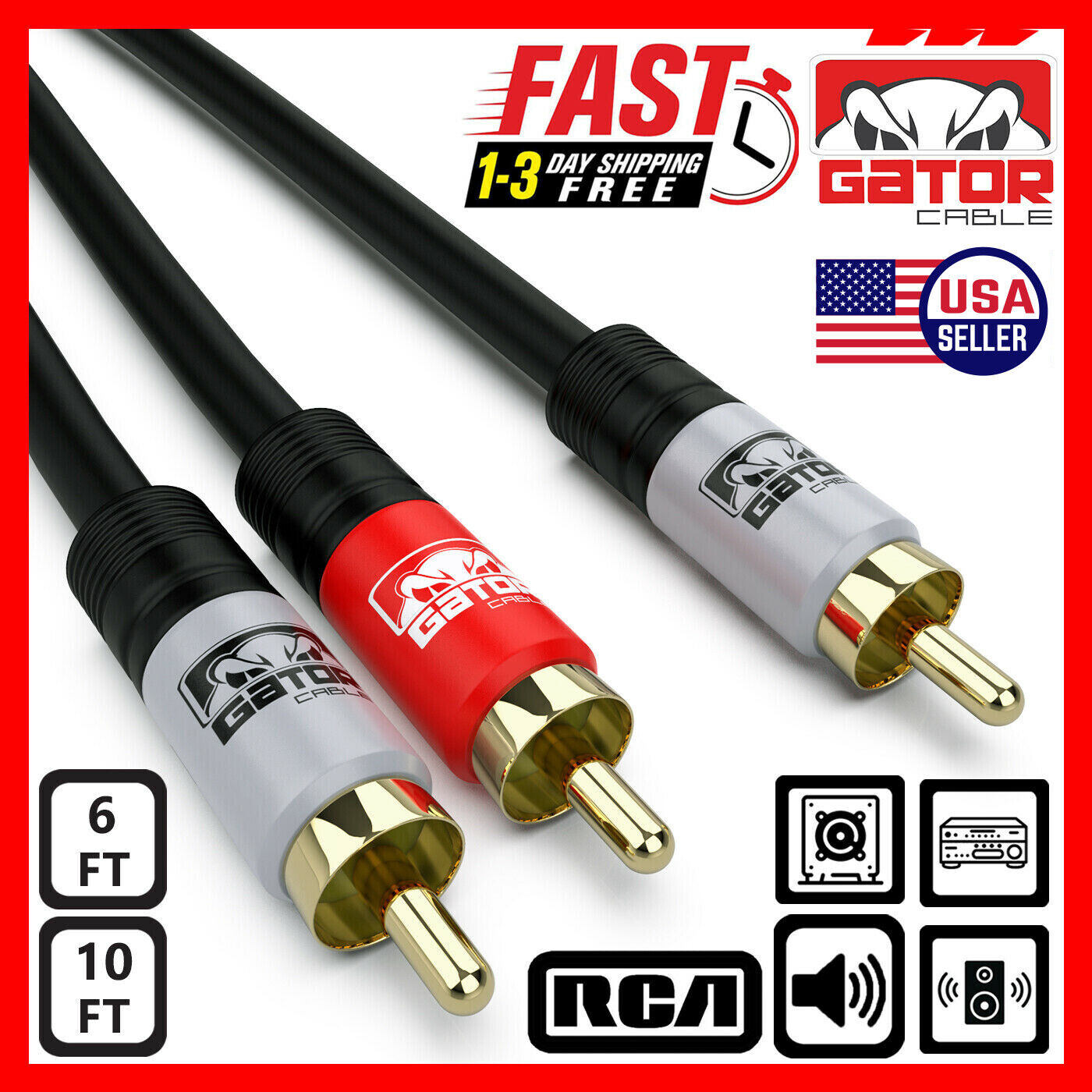 2 RCA to 1 RCA Male Subwoofer Audio Splitter Y Cable Stereo Bass Bi-Direction