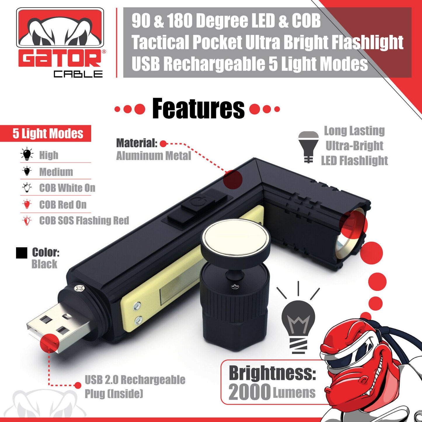 Super Bright Tactical Military LED Flashlight Torch Lamp 90° Degree Angle Light