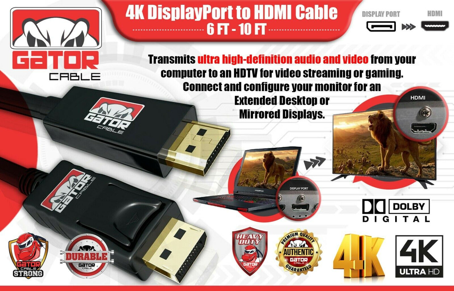 4K Display Port DP to HDMI Cable 60Hz 2160P 25.92Gbps HDR Audio Video Adapter PC