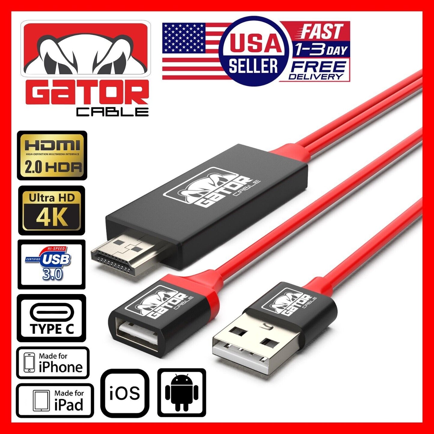 4K HDMI Mirroring AV Cable Phone to HDTV TV Adapter For iPhone Android Universal