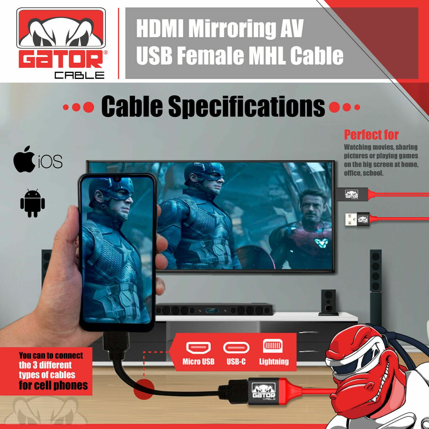 4K HDMI Mirroring AV Cable Phone to HDTV TV Adapter For iPhone Android Universal