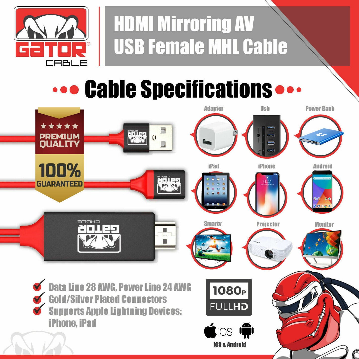4K HDMI Mirroring AV Cable Phone to HDTV TV Adapter For iPhone Android Universal