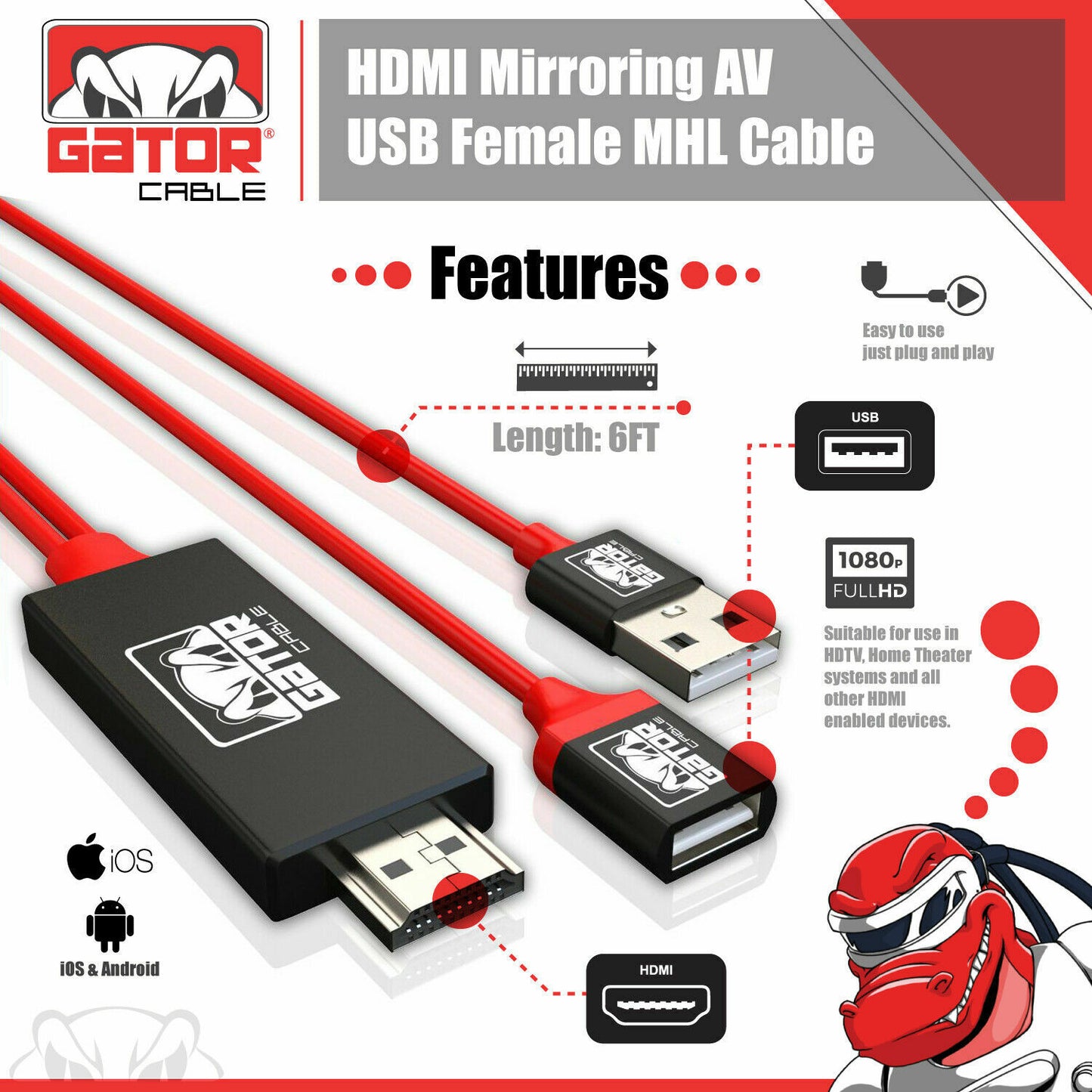 4K HDMI Mirroring AV Cable Phone to HDTV TV Adapter For iPhone Android Universal