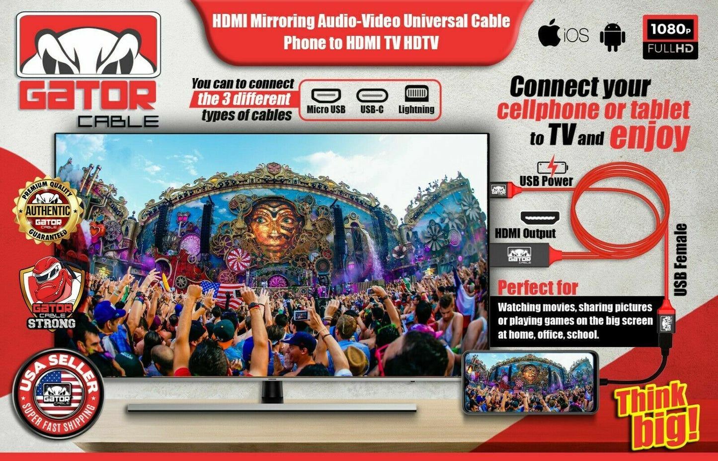 4K HDMI Mirroring AV Cable Phone to HDTV TV Adapter For iPhone Android Universal