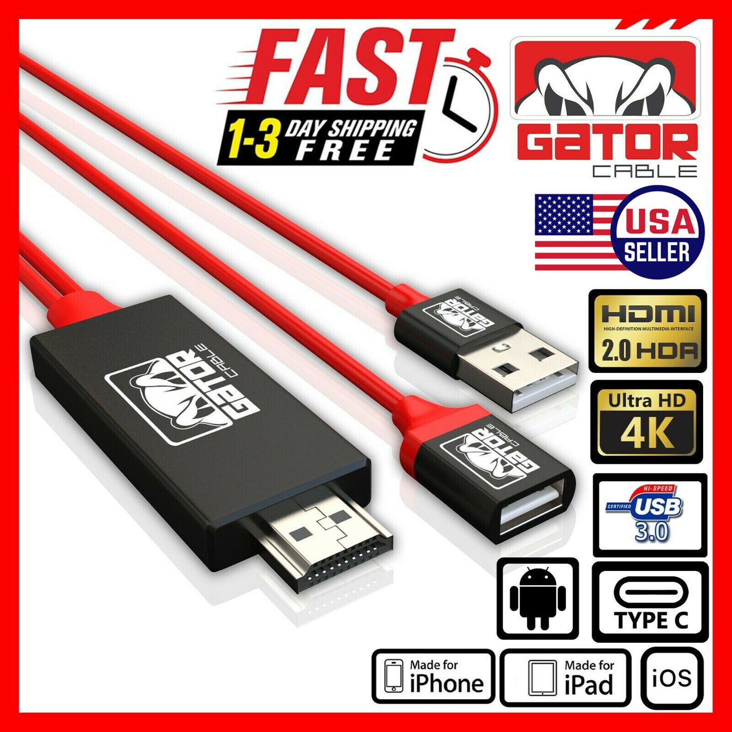 4K HDMI Mirroring AV Cable Phone to HDTV TV Adapter For iPhone Android Universal