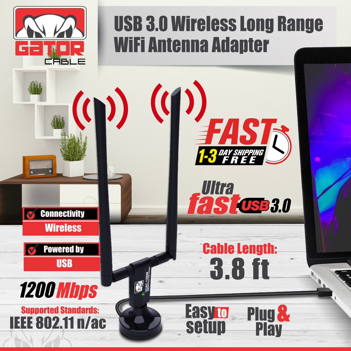 WiFi Wireless Antenna USB 3.0 Adapter Long Range 1200Mbps Dual Band 5GHz 2.4GHz