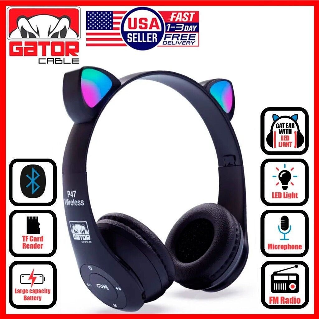 Cat Rabbit Ears Wireless Bluetooth Headphones Earphones MIC LED Lights for Kids